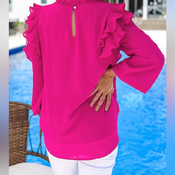 🔥🔥Rose Button Keyhole Back Pleated Ruffled Blouse - Picture 2 of 5